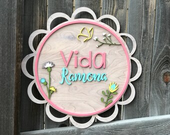 Foral round name sign for Girls Nursery | Over the crib baby name sign with flowers | Personalized Baby girl nursery wall Art
