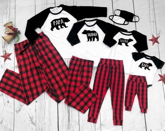 Bear Family Christmas Clothing set | NB to Adult 3XL | Buffalo Plaid and red pants | Custom Bear Family Pajamas | Matching Family outfits