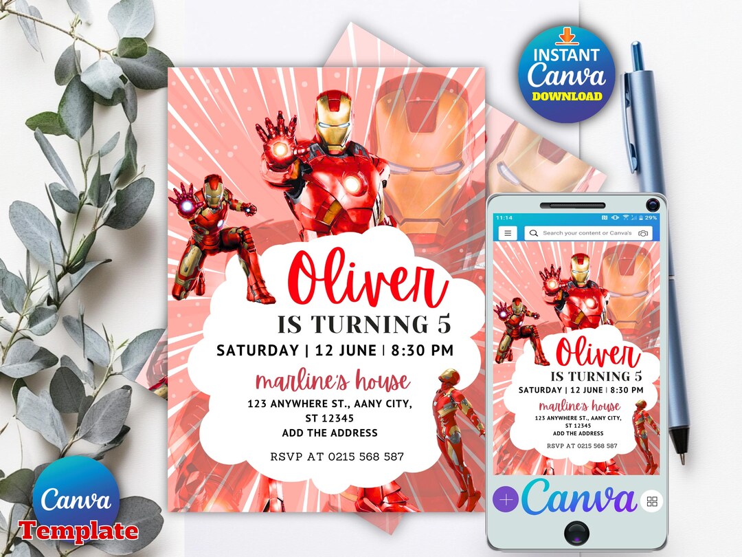 Iron Man Birthday Invitation Canva Template, Editable Avengers Party ...
