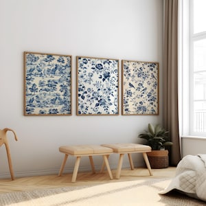 Conjunto de 3 estampas de arte de parede chinoiserie azul Toile De Jouy, estampa vintage de flores e pássaros, decoração de parede chinoiserie, arte com padrão de porcelana