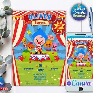 Invitación editable de fiesta de payasos / Invitación de cumpleaños infantil adorable / Plantilla Canva / Descarga digital imprimible / Invitación de cumpleaños editable