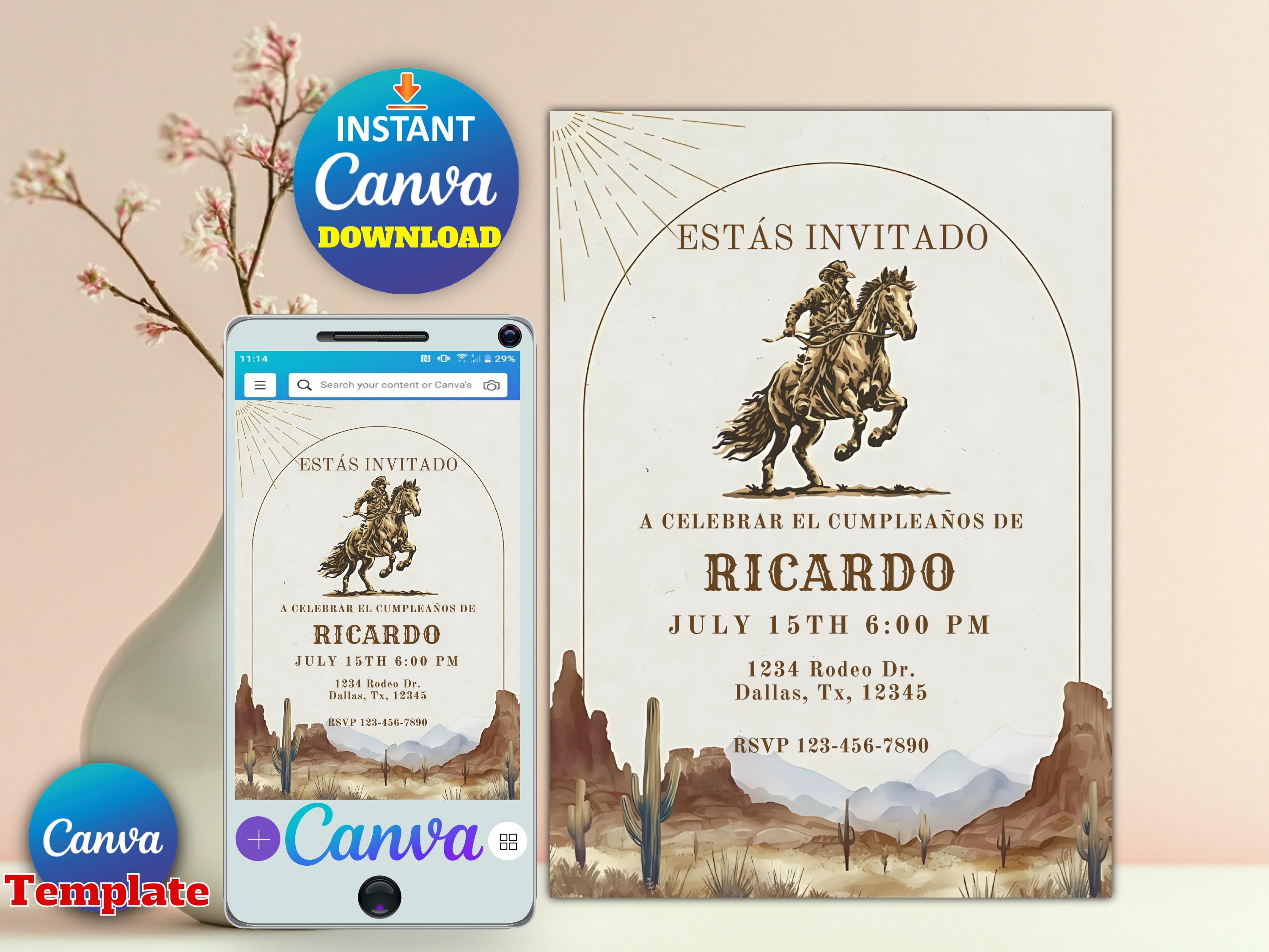 Wild West Vaquero Birthday Invitation, Spanish Cowboy Party, Vintage Mexican Fiesta, 40th 50th Bday, Editable 5x7 Canva Template