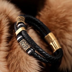 Leren herenarmband met roestvrijstalen Vikingrunen Echt leren armband Punk Viking-armband heren cadeau voor hem Gotische armband