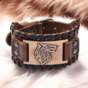 Leren Viking-armband voor heren Leren gevlochten Keltische armband Klassieke Noorse sieraden Leren herenarmband Wolflederen manchet voor heren