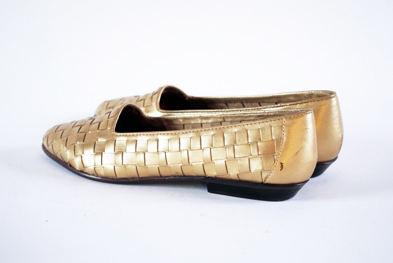 Golden Basket Weave Leather Pointed Toe Loafers Flats 7.5, 8 image 3