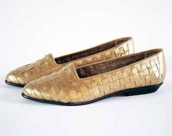 Golden Basket Weave Leather Pointed Toe Loafers Flats 7.5, 8
