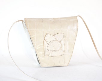 Cream Leather Architectural Art Deco Flower Turtle Embossed Cross Body Bag