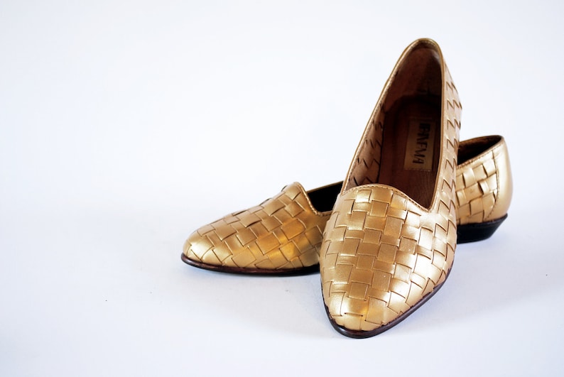 Golden Basket Weave Leather Pointed Toe Loafers Flats 7.5, 8 image 2