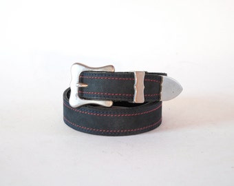 Nautical Navy Algae Nubuck Leather Luxury Belt W Red & Blue Stitching