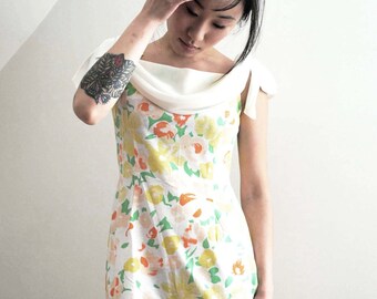 Cocos New Wave Peach Orange Yellow Floral Zip Up Body Con Mini Dress W Gauze Ribbon Drape Neckline & Bows