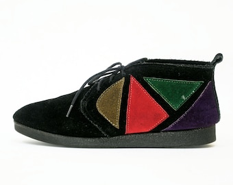 Geometric Stained Glass Black Suede Desert Booties w Gummy Soles 6