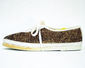 Golden Glitter Beaded Oxfords. White Leather Skimmers.