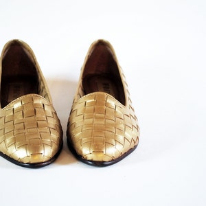 Golden Basket Weave Leather Pointed Toe Loafers Flats 7.5, 8 image 4