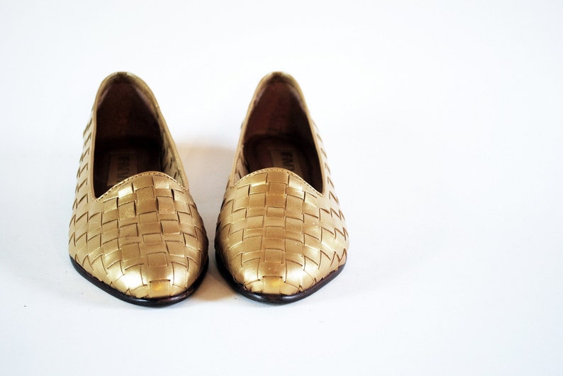 Golden Basket Weave Leather Pointed Toe Loafers Flats 7.5, 8 image 4