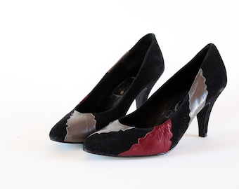 New Wave Nubuck Leather Pumps W Wine & Smoke Grey Details 7, 7.5. Made In Spain.