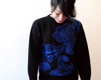 80s Royal Blue Asymmetrical Sparkle Flower Tiny Fit Black Knit Sweater