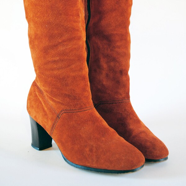 Burnt Orange Suede Tall Boots. Hush Puppies Autumn Leaf Pumpkin Heeled Zip Up Boots 7, 6.5.