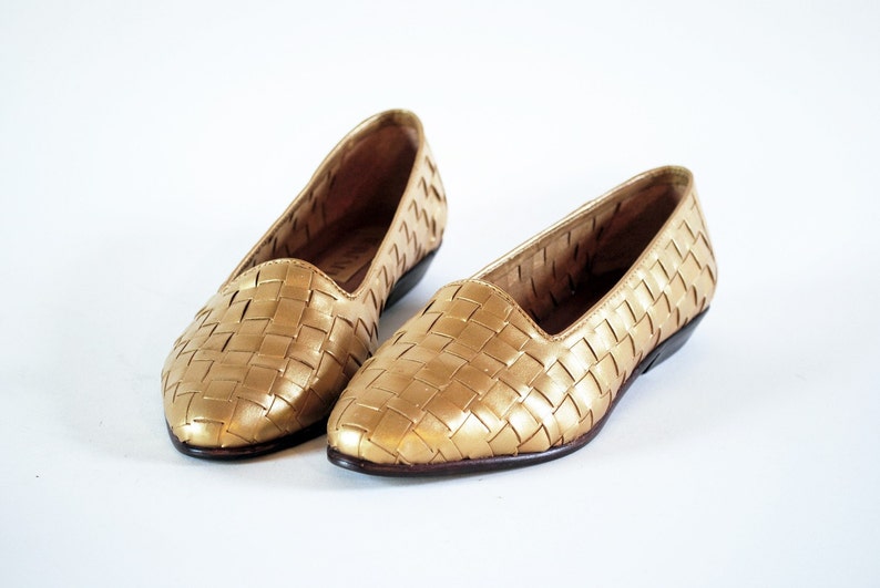 Golden Basket Weave Leather Pointed Toe Loafers Flats 7.5, 8 image 5