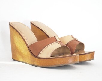4 Inch Solid Wood Patchwork Platform Slip On Clogs 8, 7.5. Made In Brazil.