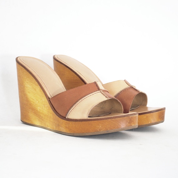 4 Inch Solid Wood Patchwork Platform Slip On Clog… - image 1