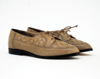 NOS Deadstock Woven Pointed Toe Oxfords In Coffee Latte Leather 5.5