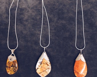 Large teardrop stone pendants, yellow amber, picture Jasper, orange calcite, sterling silver on 22 or 24 inch silver chain