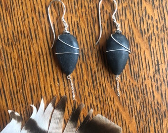 Matte black onyx, sterling silver wire wrapped earrings with delicate chain and hematite accent, hypoallergenic silver hooks