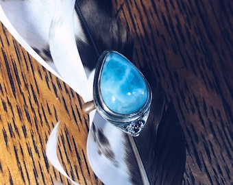 Larimar teardrop precious gemstone ring, sterling silver, adjustable silver band