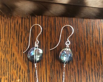 Black pearl, sterling silver wrapped earrings with delicate chain, hypoallergenic silver