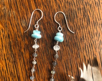 Larimar, moonstone and labradorite with sterling silver link dangle earrings, hypoallergenic silver