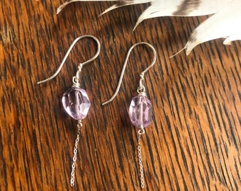 Faceted ametrine, sterling silver wire wrapped earrings with delicate chain, hypoallergenic silver