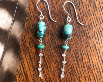 Turquoise and aquamarine with sterling silver link dangle earrings, hypoallergenic silver, March birthstone