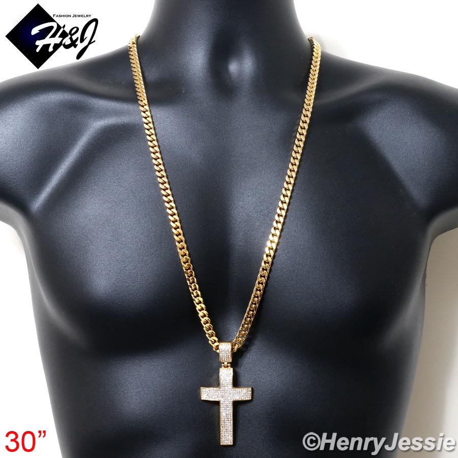 thumbnail interactive-video image 1 of 18-40 Inch Stainless Steel 9mm Silver Cuban Curb Chain Necklace With Cross Pendant 1 of 3