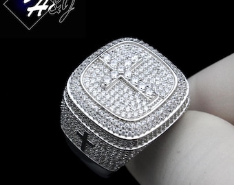 MEN 925 Sterling Silver Icy Bling CZ HipHop 3D Square Cross Ring*SR244