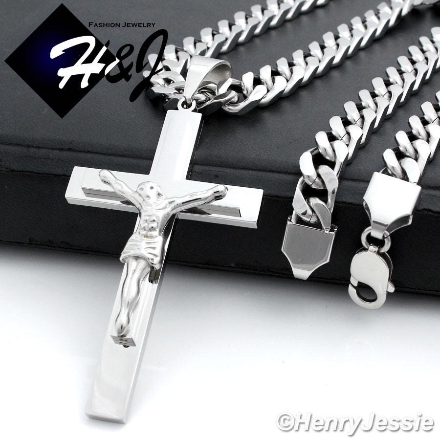 18"-40"MEN Stainless Steel 9mm Silver Cuban Curb Chain Necklace BIG 3D Jesus Cross Pendant*J1