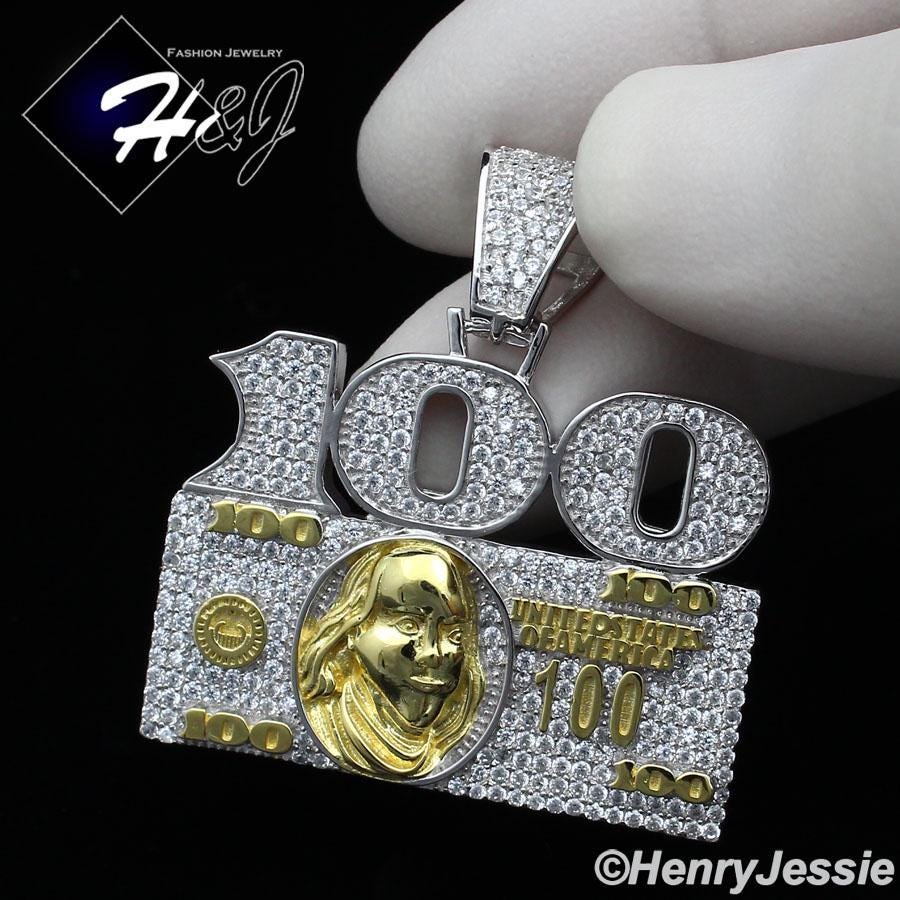 MEN Solid 925 Sterling Silver Full ICY Bling CZ Hip Hop Gold/Silver 2-Tone 3D 100 Dollar Bill Pendant*SP227