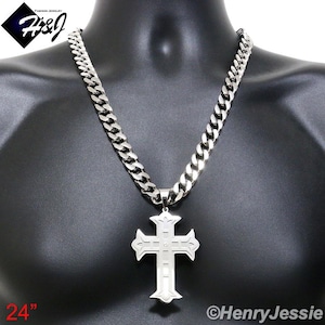 18&quot;-40&quot;MEN 316L Stainless Steel 11mm Silver Cuban Curb Chain Necklace 3D CZ Layered Cross Pendant*L5