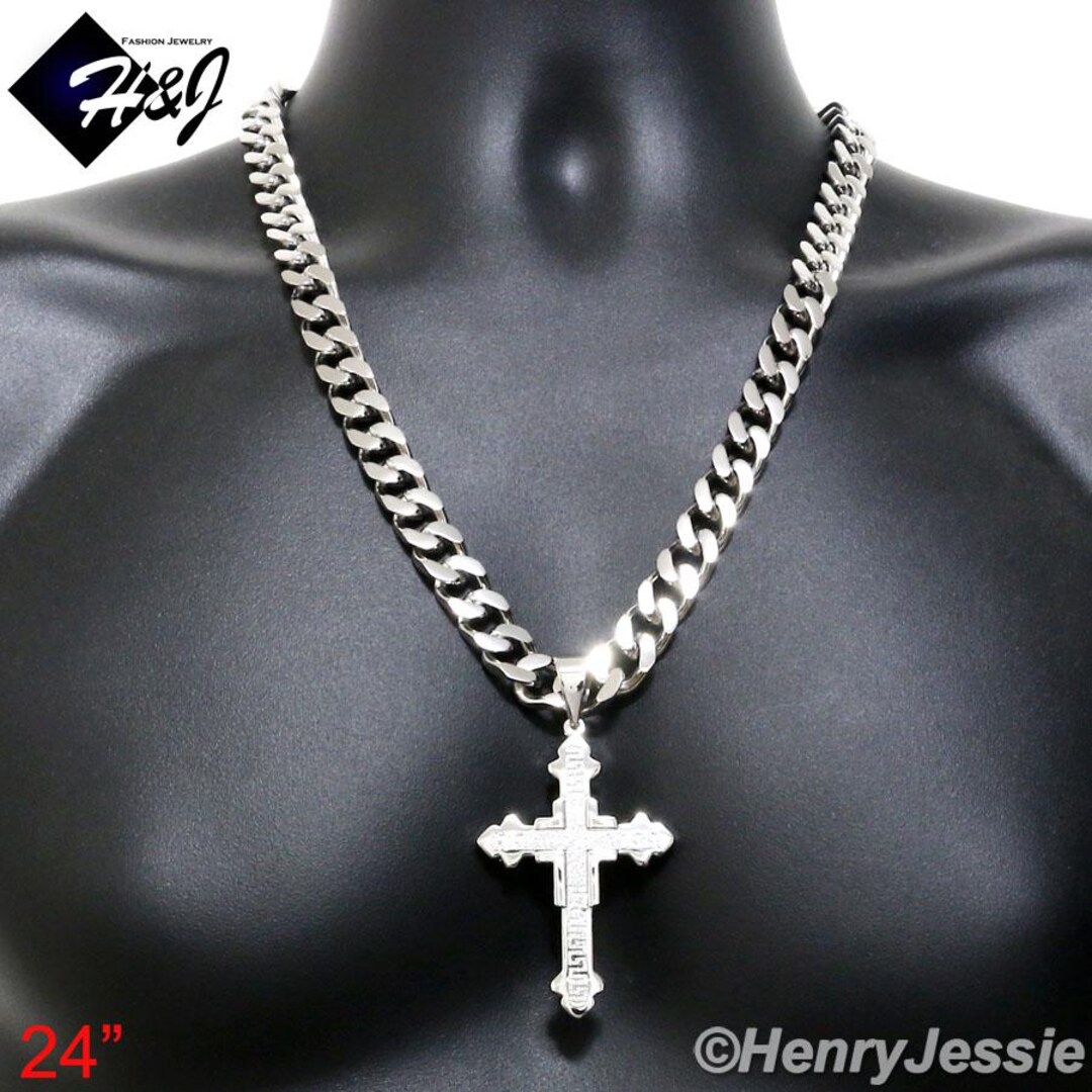thumbnail image 2 of 18-40 Inch Stainless Steel 9mm Silver Cuban Curb Chain Necklace With Cross Pendant 2 of 3