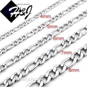 May include: Silver-colored Figaro chain necklaces in various widths: 4mm, 5mm, 6mm, 7mm, and 8mm. The image includes the text "Fashion Jewelry H&J" and "©Henry Jessie".