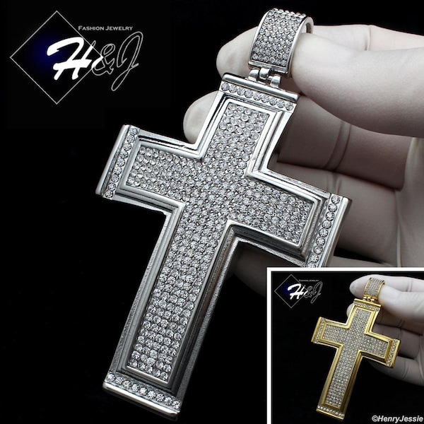 MEN Stainless Steel Bling CZ Silver/Gold Plated HipHop 3D BIG Cross Pendant*IP20