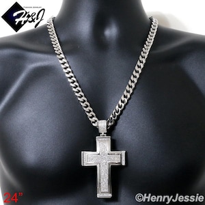 18&quot;-40&quot;MEN Stainless Steel 9mm Silver Cuban Curb Chain Icy Bling BIG CZ Cross Pendant*IP20