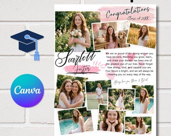 May include: A yearbook ad template featuring a collage of photos of a young person in various settings, including a garden, a pool, and a tennis court. The design includes pink brush strokes, the text Congratulations Class of 20XX, and Scarlett Foster.
