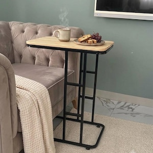 Solid Wood Side Table, Modern C-Type Armchair Side Table with Metal Frame, Rustic Coffee Table, Computer Desk,