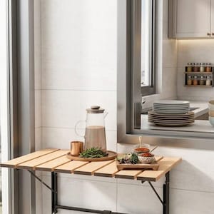 Natural Wood Foldable Balcony Table, Wall Mounted Space-Saving Dining Surface