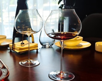 Handblown Crystal Wine Goblet – 23oz Big Belly Long Stem Glass, 9" Tall Ultra-Thin Artisan Red Wine Glass, Elegant Stemware Gift
