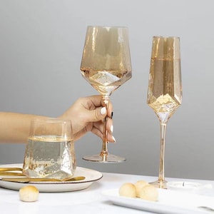 Handgefertigtes Bernsteinglas - Strukturierte 10-Unzen-Flöte, 18-Unzen-Weinglas, 17-Unzen-Stiellosen Becher, facettiertes handwerkliches Trinkgeschirr, 3 elegante Stile