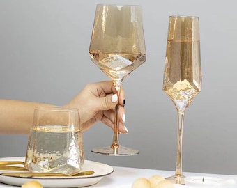 Handmade Amber Glassware – Textured 10oz Flute, 18oz Wine Glass, 17oz Stemless Goblet, Faceted Artisan Drinkware, 3 Elegant Styles
