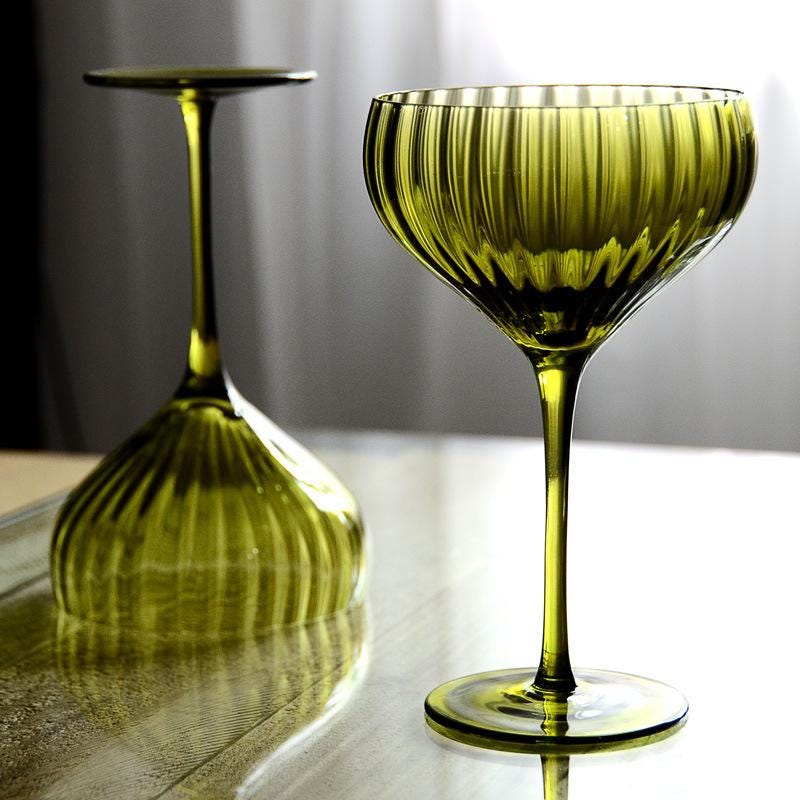 Olive Green Ribbed Coupe Glass – Elegant 14 oz Fluted Cocktail Glass, Long Stem Vintage-Inspired Barware, Classic Martini or Champagne Glass