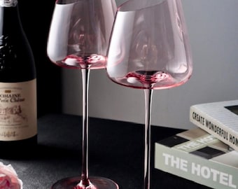 Elegant Pink Wine Glass – 18oz Tall Oblique Rim Goblet, 11" Modern Long Stem Glass with Wide Bowl, Blush-Tinted Barware for Gifting