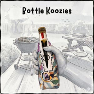 May include: An illustration of a hand holding a bottle of beer in a colorful bottle koozie. The koozie has a floral design with the words "Koozie" printed on it. The text "Bottle Koozies" is at the top of the image. A barbecue grill and picnic table are in the background.